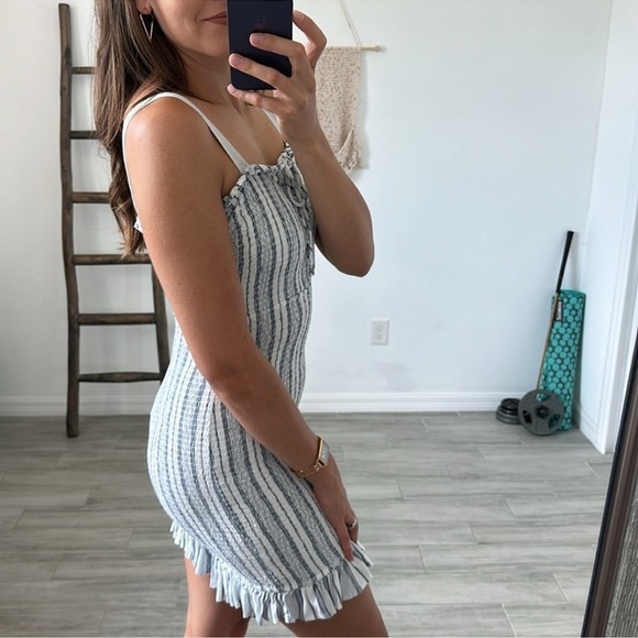 Sincerely Jules Striped Smocked Ruffle Hem Coastal Bodycon Mini Dress sz XS - Picture 2 of 8